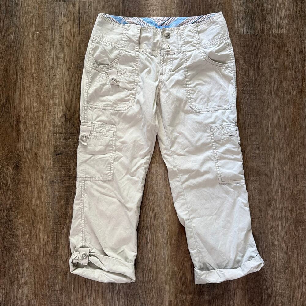 Vtg Y2K 2000s Periscope Sz 3 Cargo Capri Pants Cream Boho Utility Roll Tab